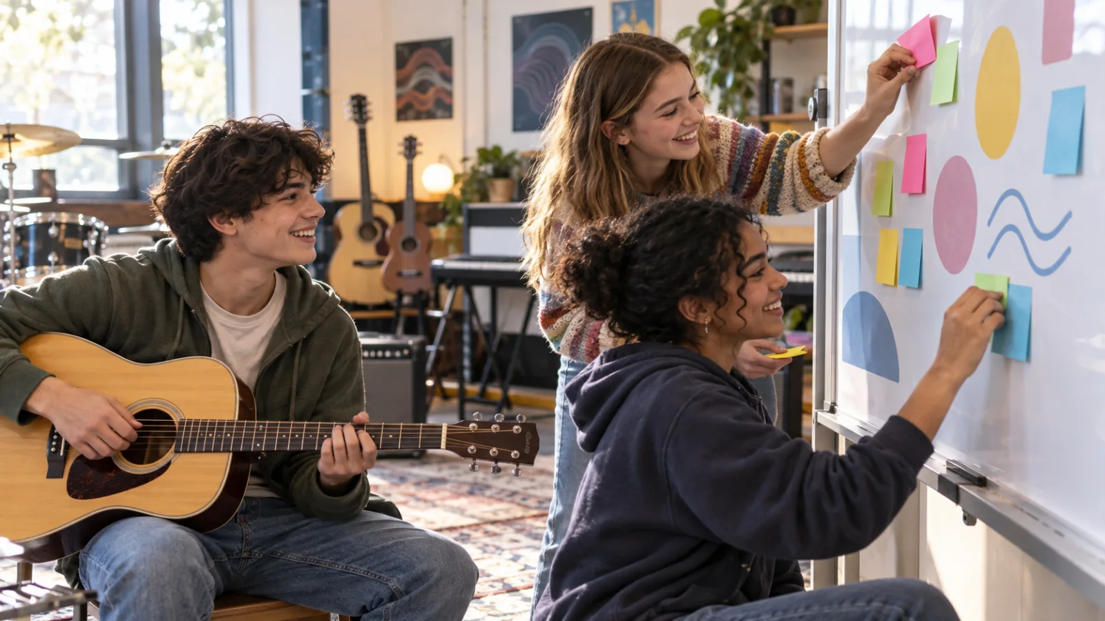 Three teenagers laugh in a school music room while sticking sticky notes with new lyrics onto a whiteboard covered in colorful abstract shapes, one of them holding an acoustic guitar, in bright daylight