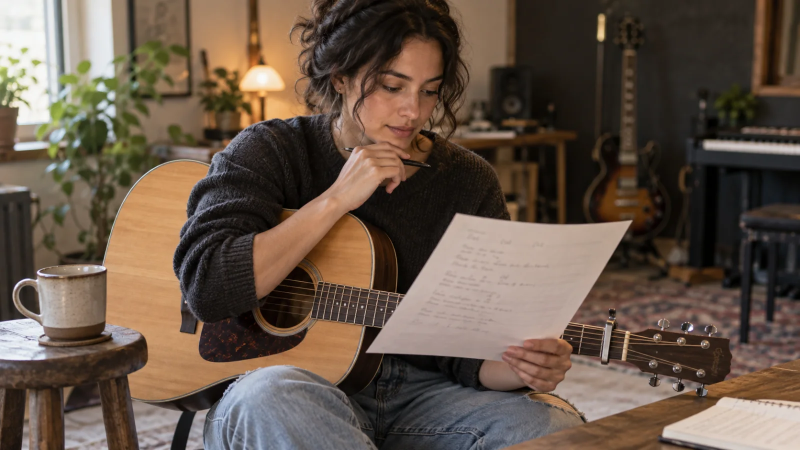 Un guitarrista con una cejilla en el mástil de su guitarra acústica lee una hoja de letra con las letras de los acordes escritas sobre las palabras, junto a una taza de café apoyada en un taburete