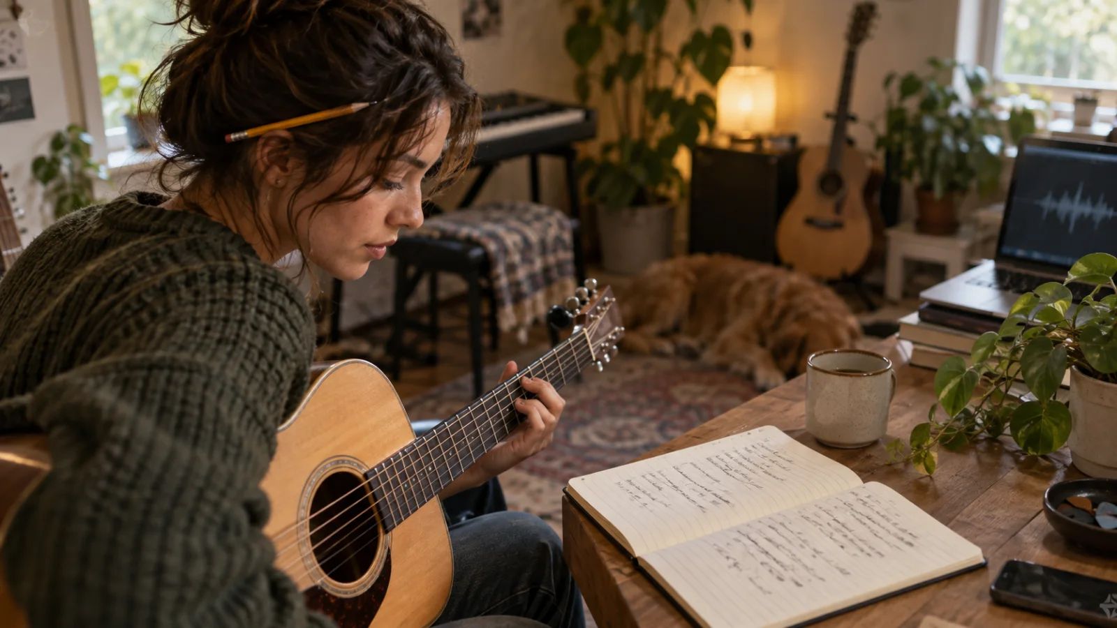 Un musicista con la chitarra acustica legge un testo scritto a mano su un quaderno aperto, con una matita dietro l’orecchio