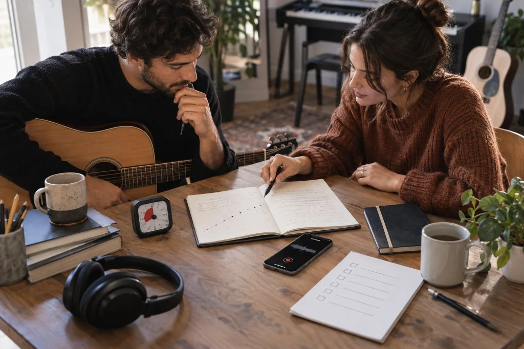 Dos compositores trabajando frente a letras, teclado y grabadora durante una sesión