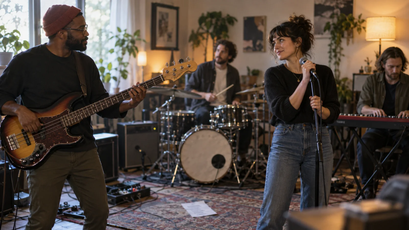 Una band nel mezzo delle prove in una piccola sala, con la scaletta attaccata al pavimento, il bassista e la cantante che si guardano per contare l’attacco del pezzo successivo