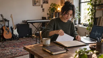 Songwriter at a desk with a laptop and a printed lyric, placing the page in a folder next to a dated notebook in daylight