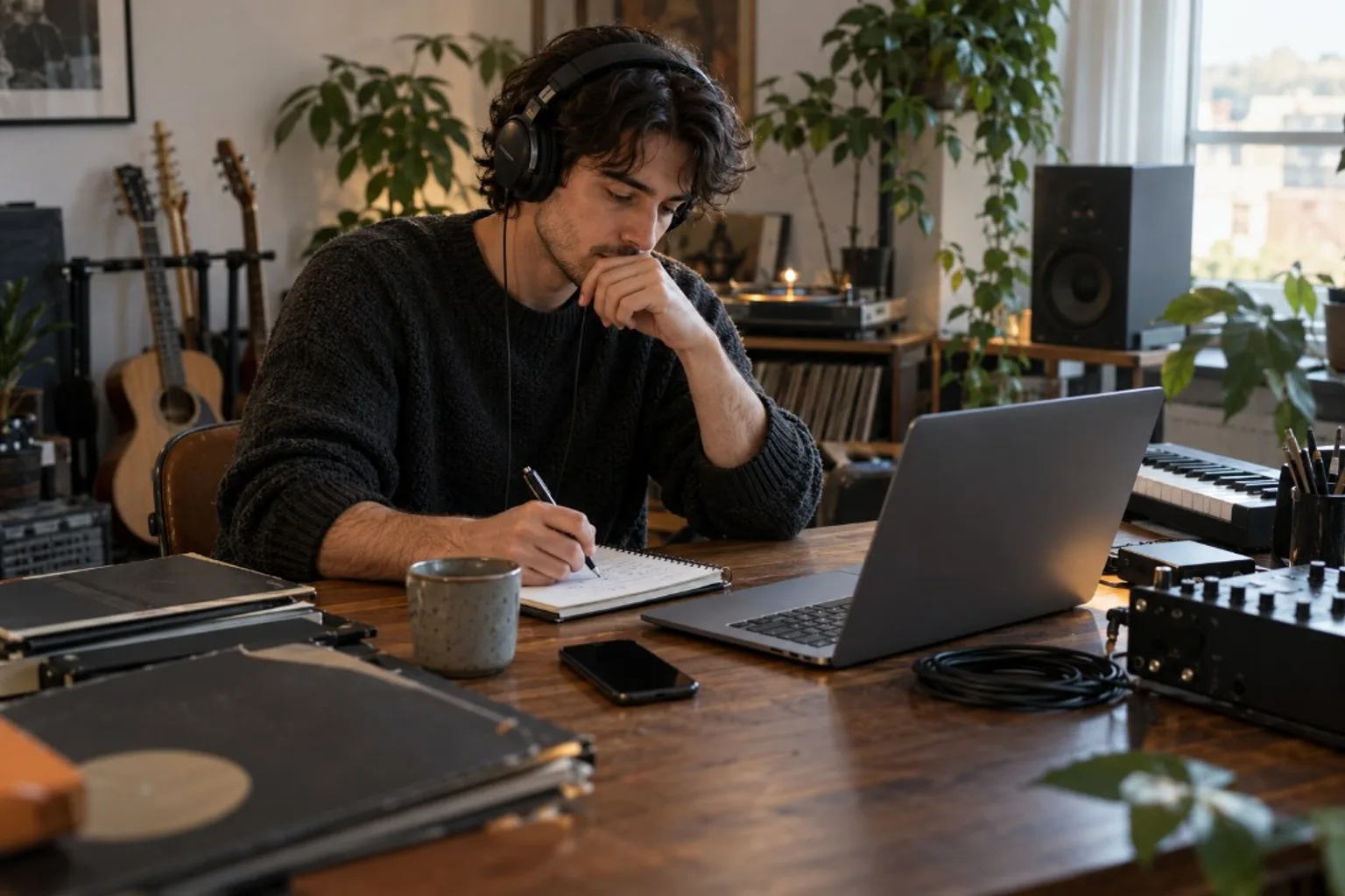 Músico retomando un proyecto antiguo con auriculares, libreta, móvil y portátil en un estudio doméstico