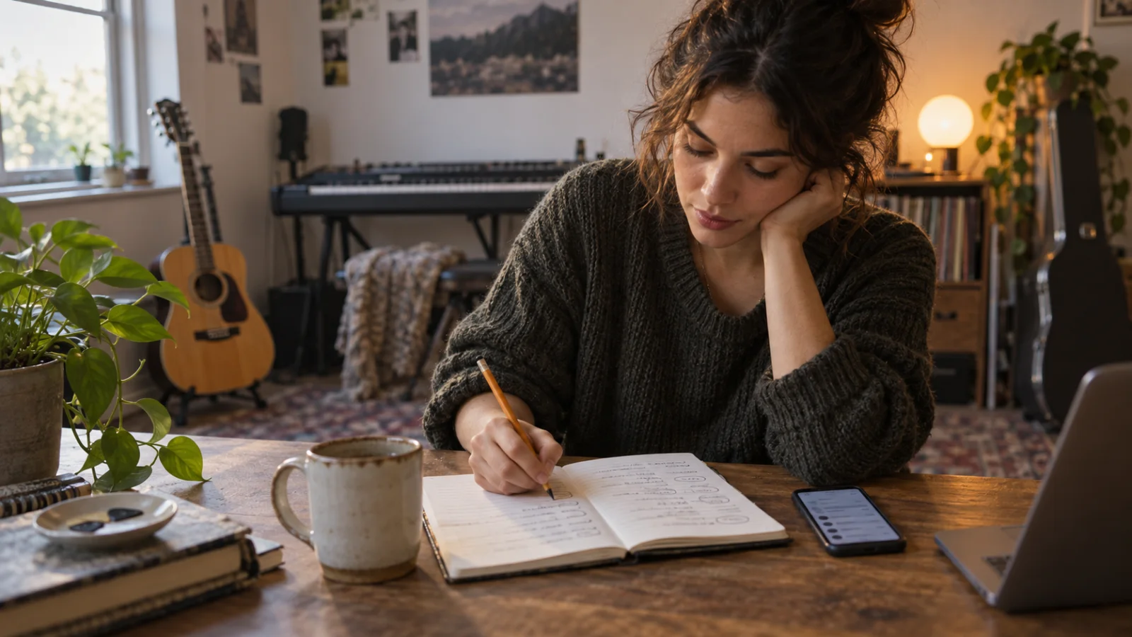 Una libreta de compositor abierta con versos escritos a mano y finales de palabra rodeados con un círculo, un móvil con una lista breve al lado y una mano que sostiene un lápiz sobre la página