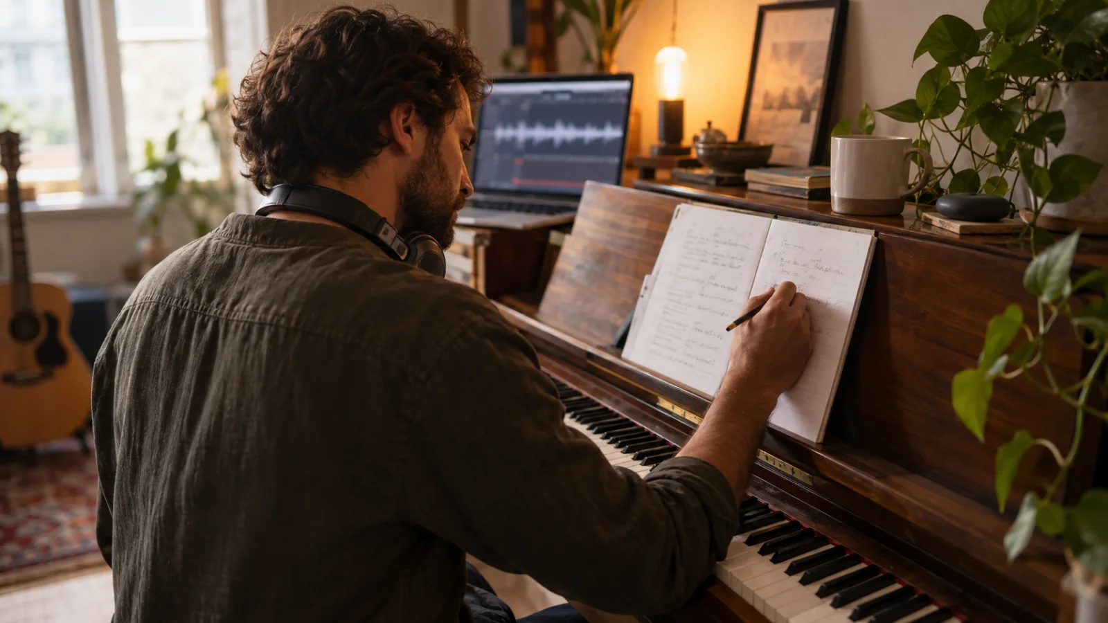 Al piano, alguien anota letras de acordes sobre las líneas de una hoja de letra en papel, con auriculares al cuello y, desenfocado al fondo, un portátil que muestra una forma de onda