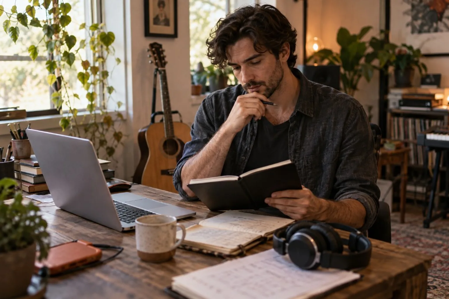 Compositor revisando un borrador de canción con guitarra, notas y portátil en un estudio casero