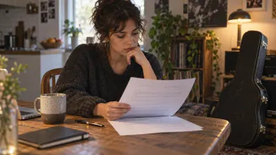A songwriter reads a printed contract at a kitchen table, pen in hand, with a guitar case leaning nearby and the text on the pages too small to read