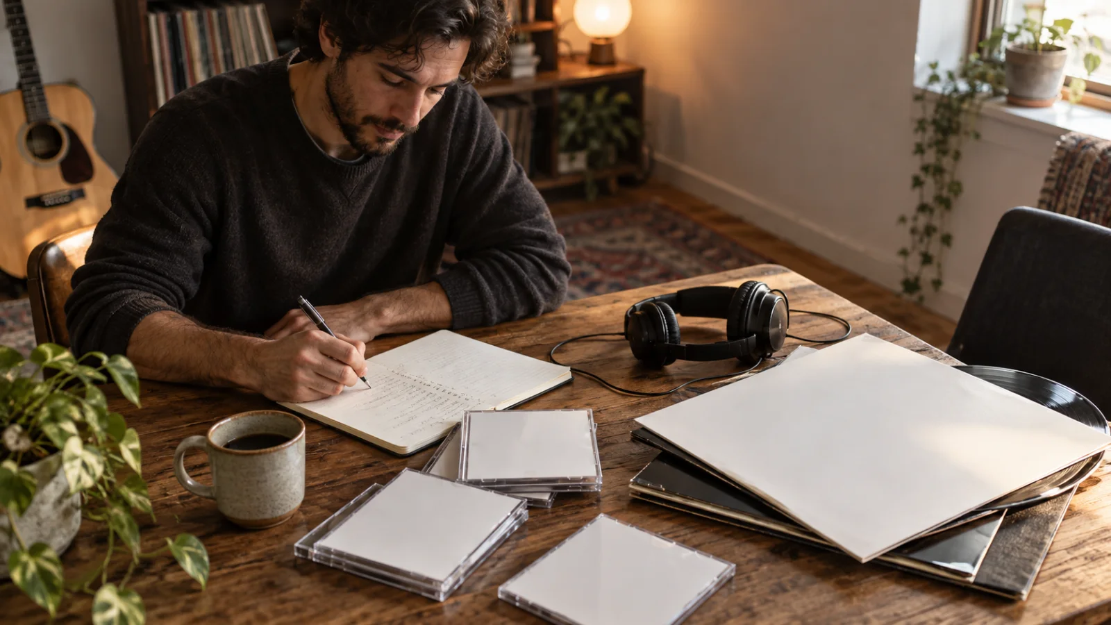 Un músico escribe el orden de las canciones en una libreta, en una mesa con cajas de CD vacías, fundas de vinilo lisas y unos auriculares