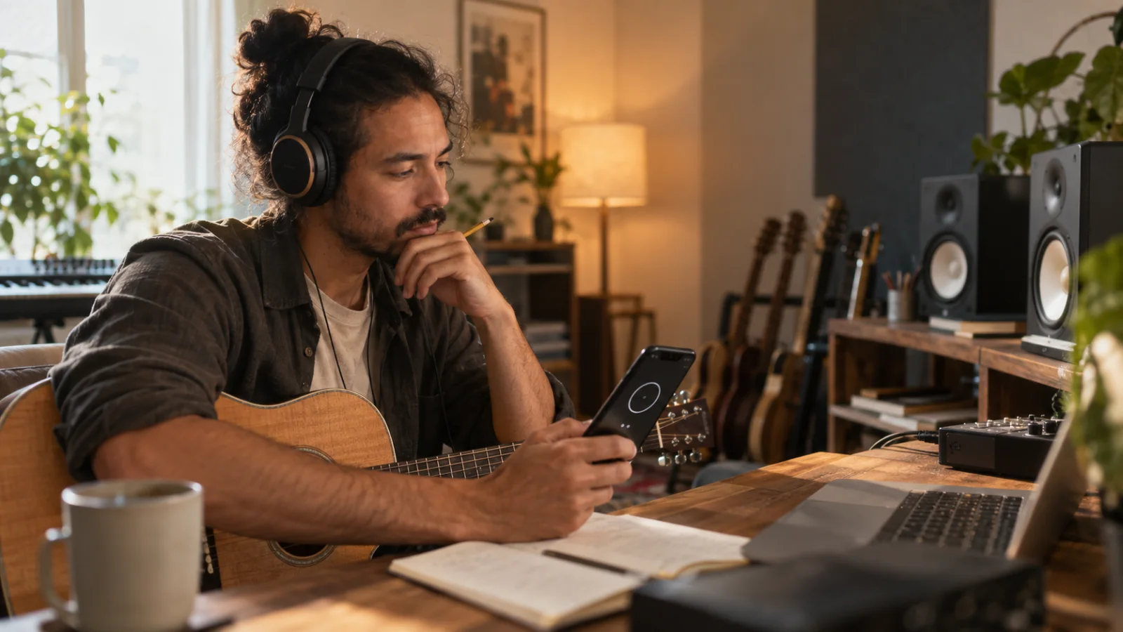 Un cantautore con una matita cronometra la demo di una canzone con il timer del telefono davanti alle casse da studio