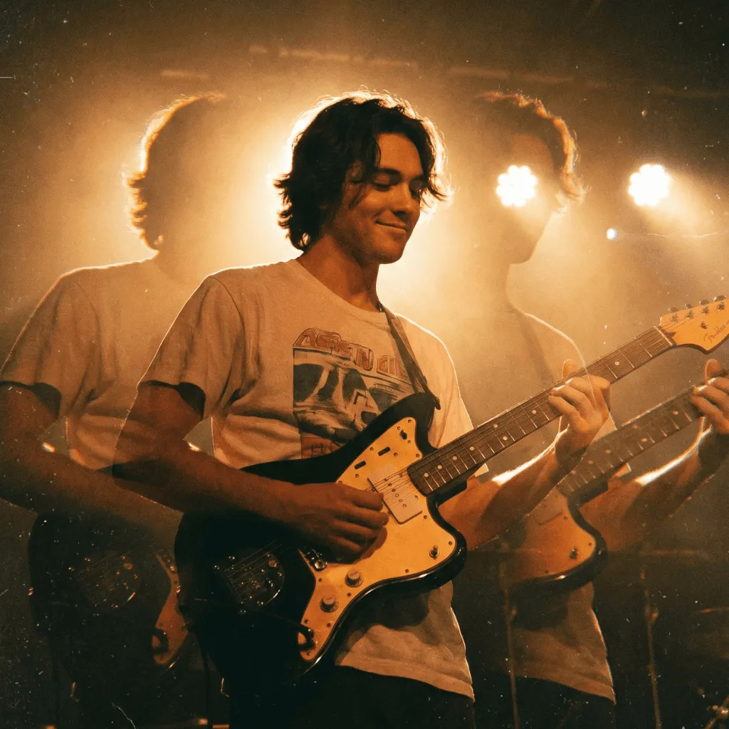 Guitarist performing live under warm stage lights