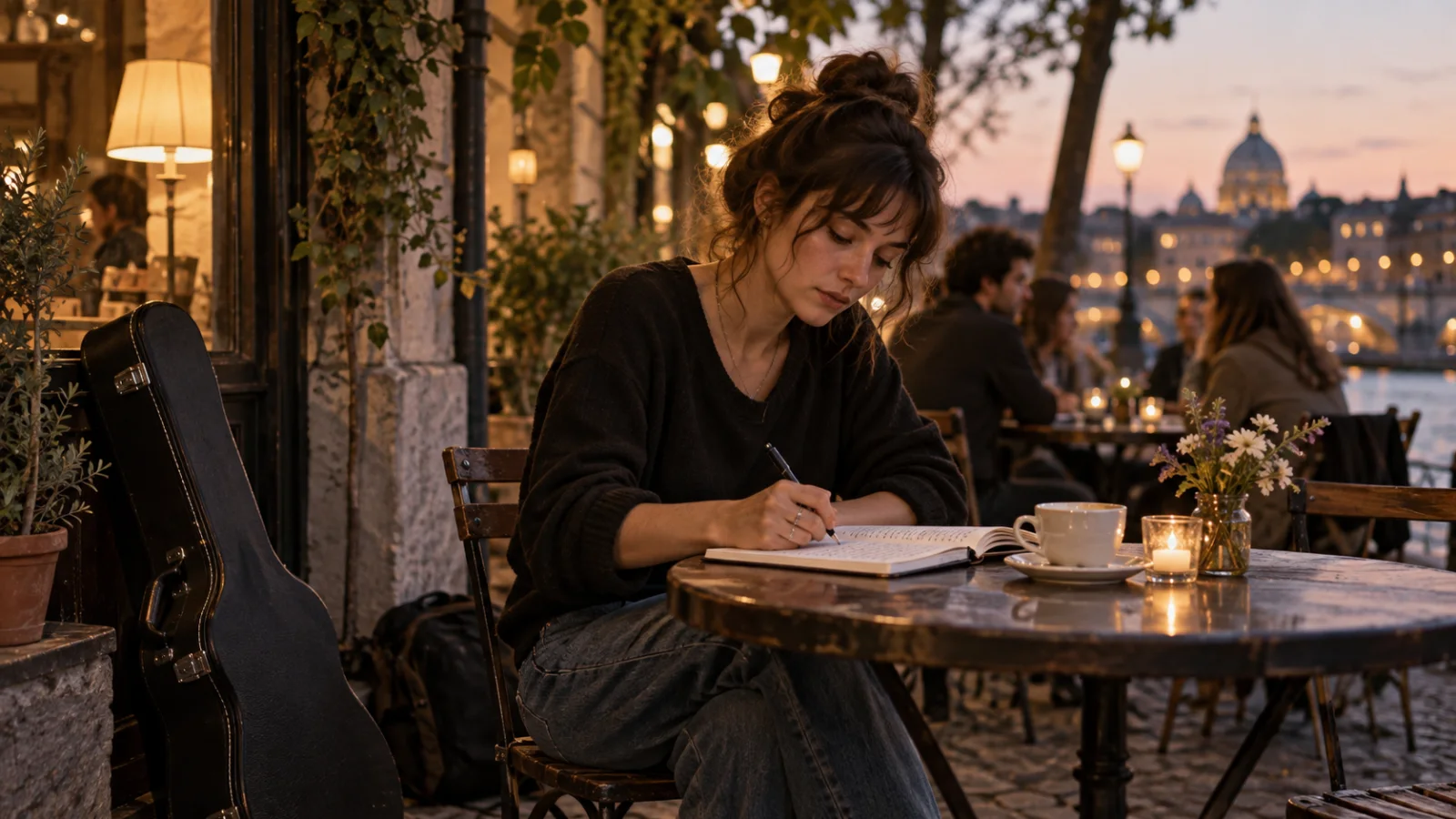 Une personne qui écrit dans un carnet à la table d’une terrasse de café le soir, un étui de guitare posé à ses pieds et les lumières de la ville floues en arrière-plan