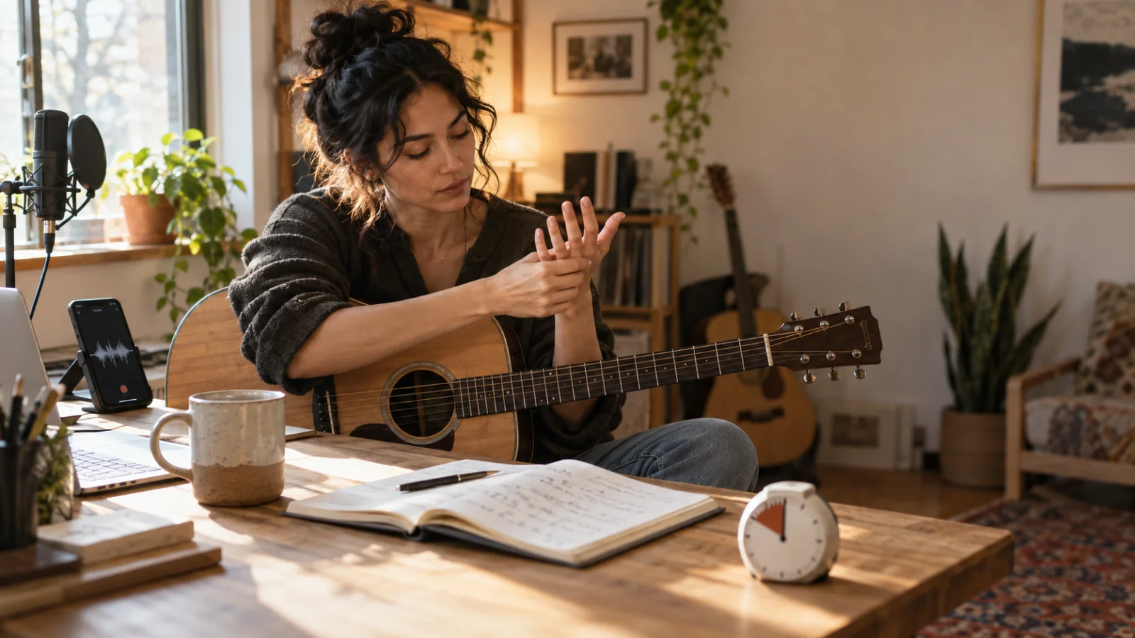 Compositor alongando os dedos numa mesa iluminada pela manhã, com um timer de cozinha, um caderno aberto, um violão e um celular gravando, pronto para um exercício diário curto
