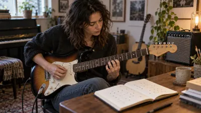 A songwriter plays a scale on an electric guitar plugged into a small amp, fingertips pressed precisely on the frets, beside a notebook with grids of hand-drawn dots