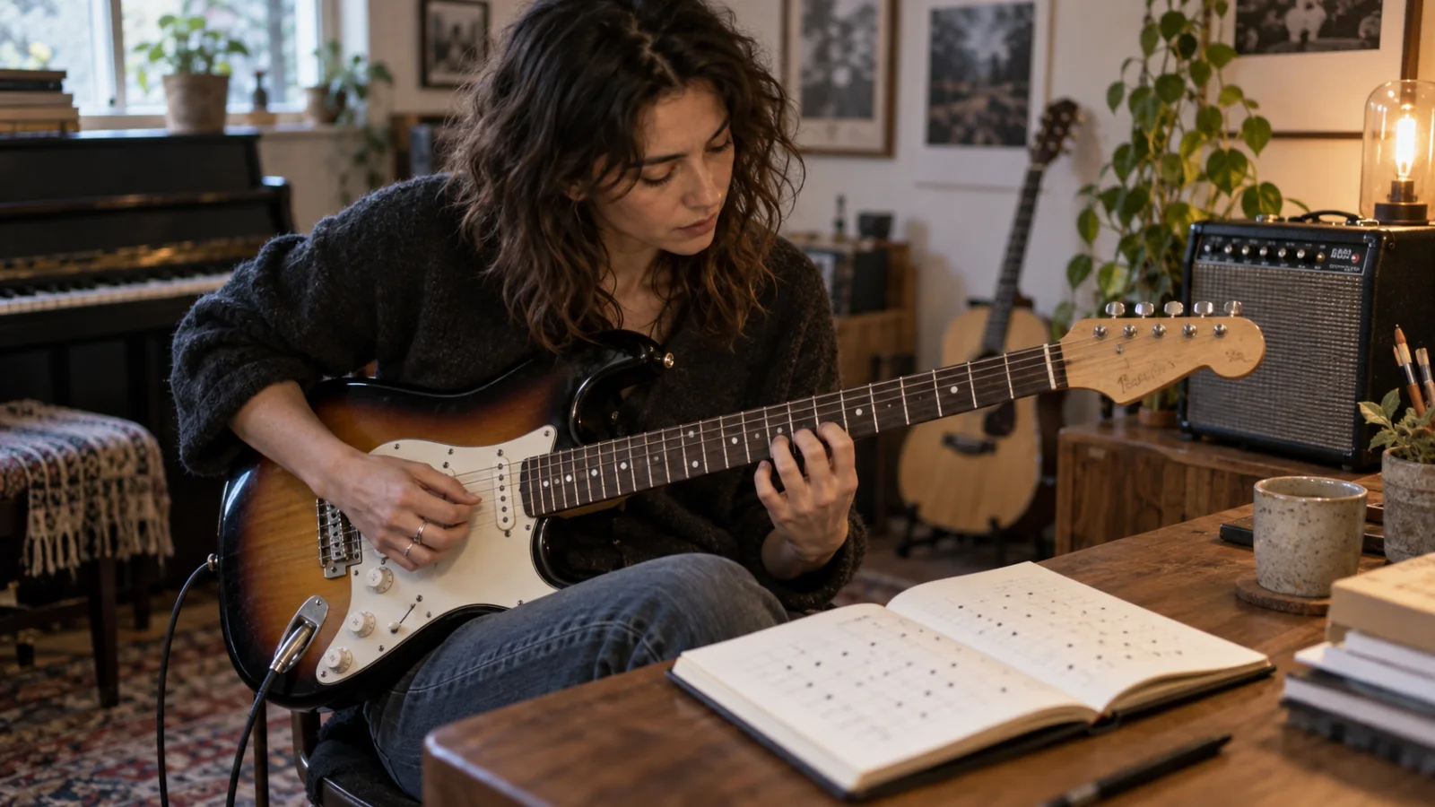 Un compositor toca una escala en una guitarra eléctrica conectada a un pequeño amplificador, con los dedos bien colocados sobre los trastes, junto a una libreta con cuadrículas de puntos dibujados a mano