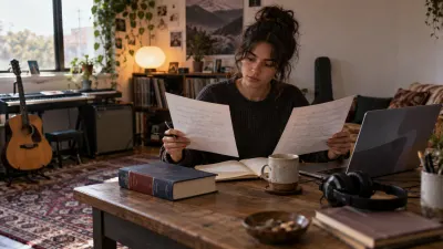 A songwriter at a desk compares two handwritten versions of a lyric line, with a bilingual dictionary, an open laptop and headphones beside the pages