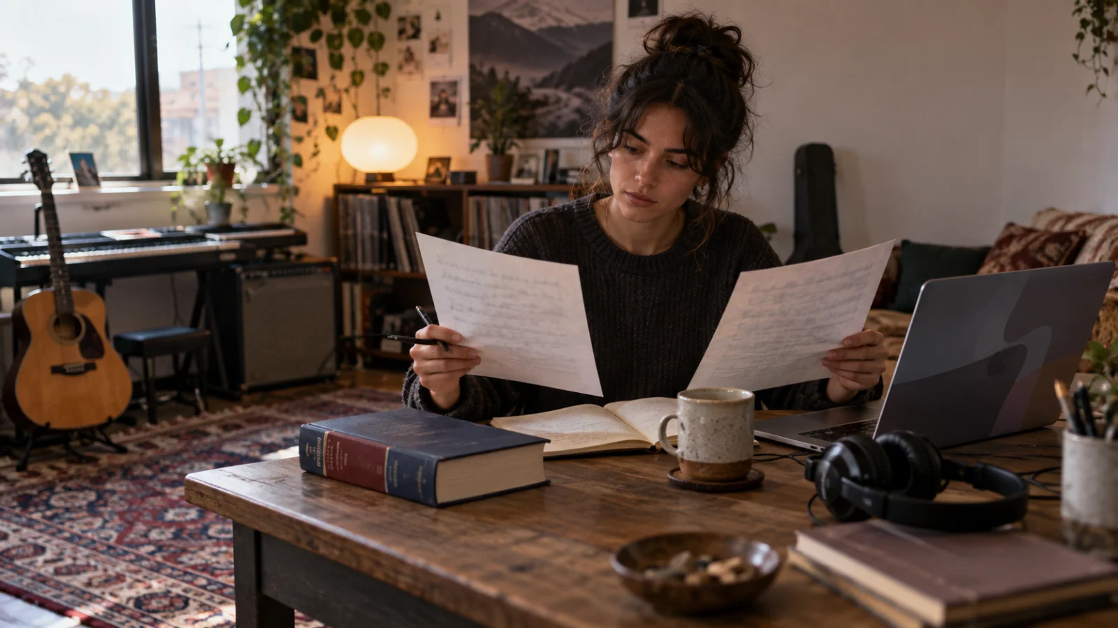 Una persona compositora en un escritorio compara dos versiones manuscritas de un verso, junto a un diccionario bilingüe, un portátil abierto y unos auriculares