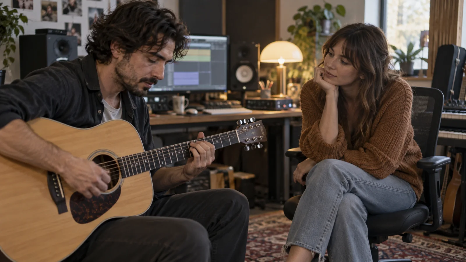 Un autore suona la chitarra acustica per una cantante che ascolta con attenzione nella piccola regia di uno studio, con il mixer e i monitor alle spalle