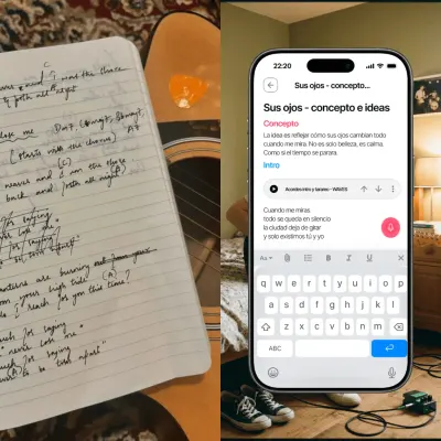 Notebook with handwritten lyrics beside a song note open in Zoundroom