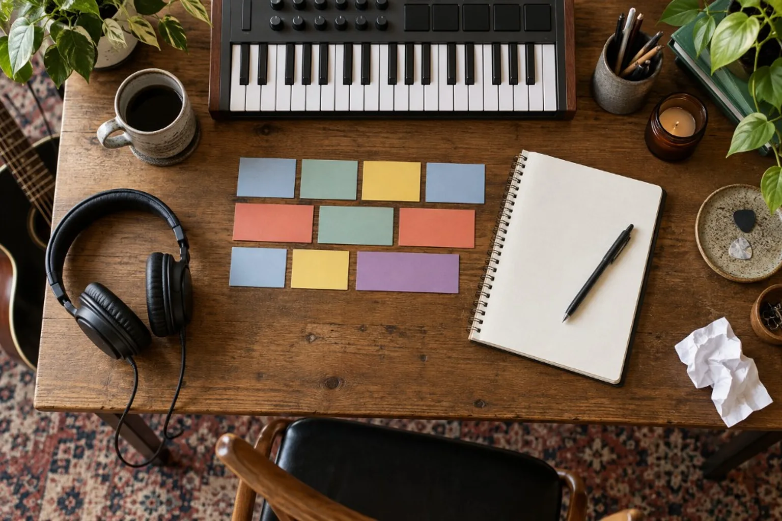 Mesa de composición con tarjetas que sugieren secciones musicales, teclado, libreta y auriculares