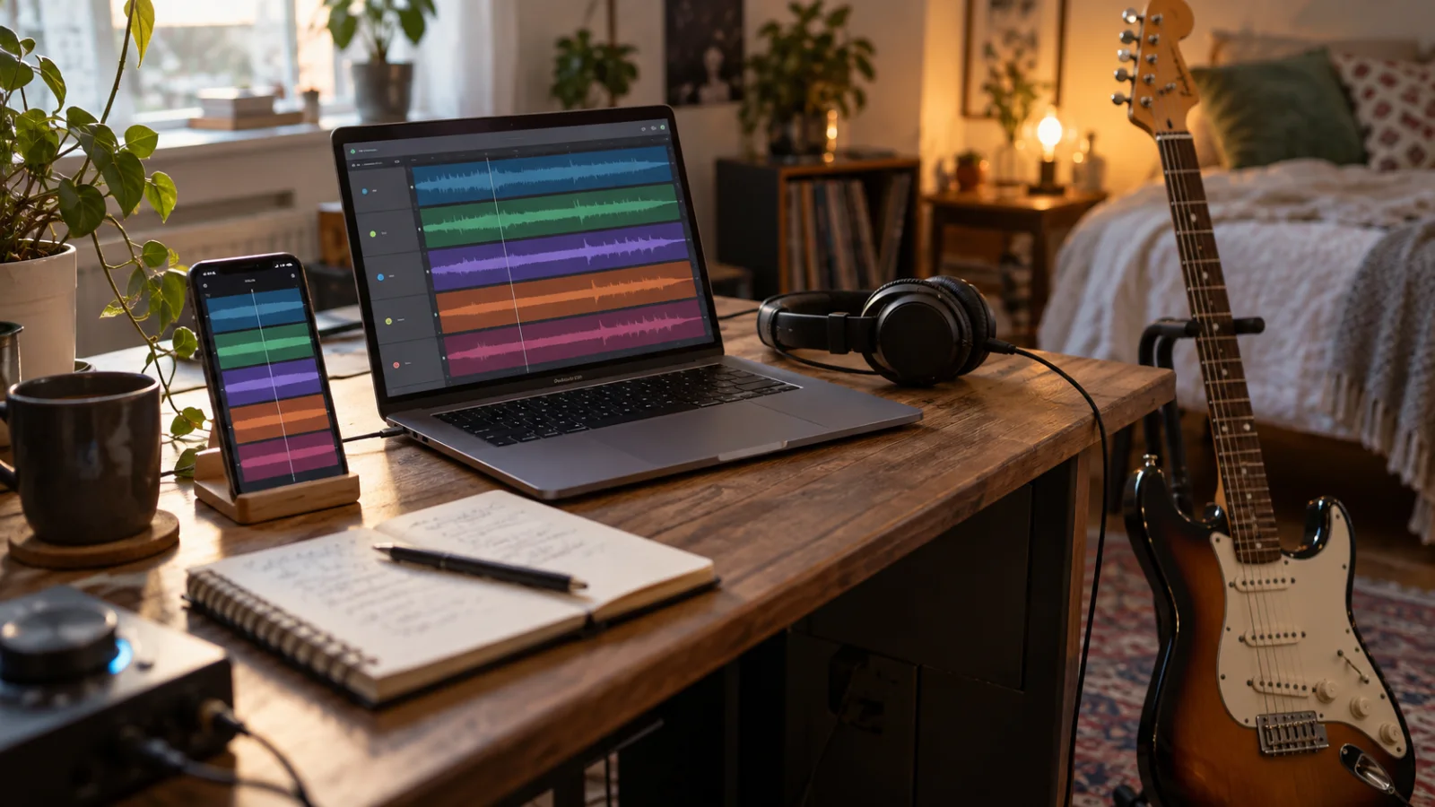 Un móvil Android y un portátil con Windows, uno al lado del otro sobre un escritorio de madera junto a una guitarra y unos auriculares; ambas pantallas muestran un editor multipista genérico con pistas de audio de colores