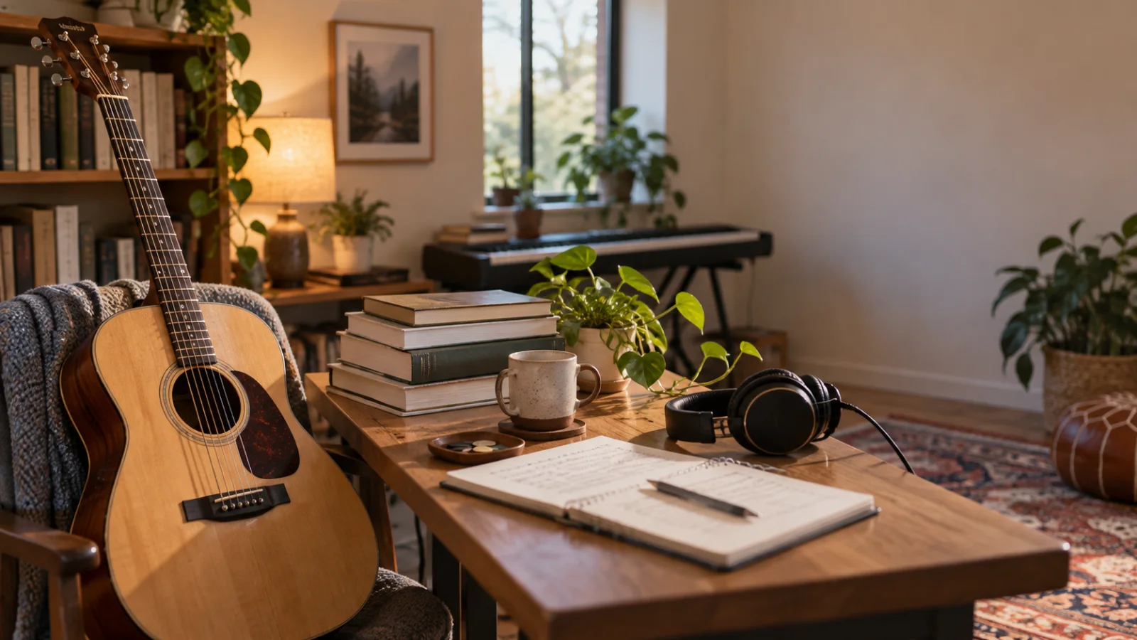 Taula per aprendre a compondre amb una pila de llibres de música, uns auriculars, una llibreta oberta i una guitarra acústica