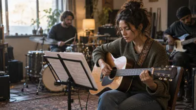 A guitarist in a rehearsal room reading a printed lyric and chord sheet on a music stand