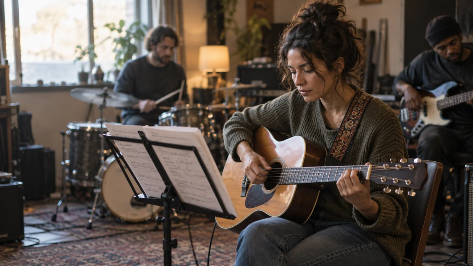 Um violonista lê, numa estante de partitura, uma folha impressa com letra e acordes durante o ensaio