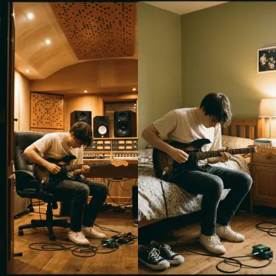 Two musicians playing electric guitars in a home studio with monitors and pedals