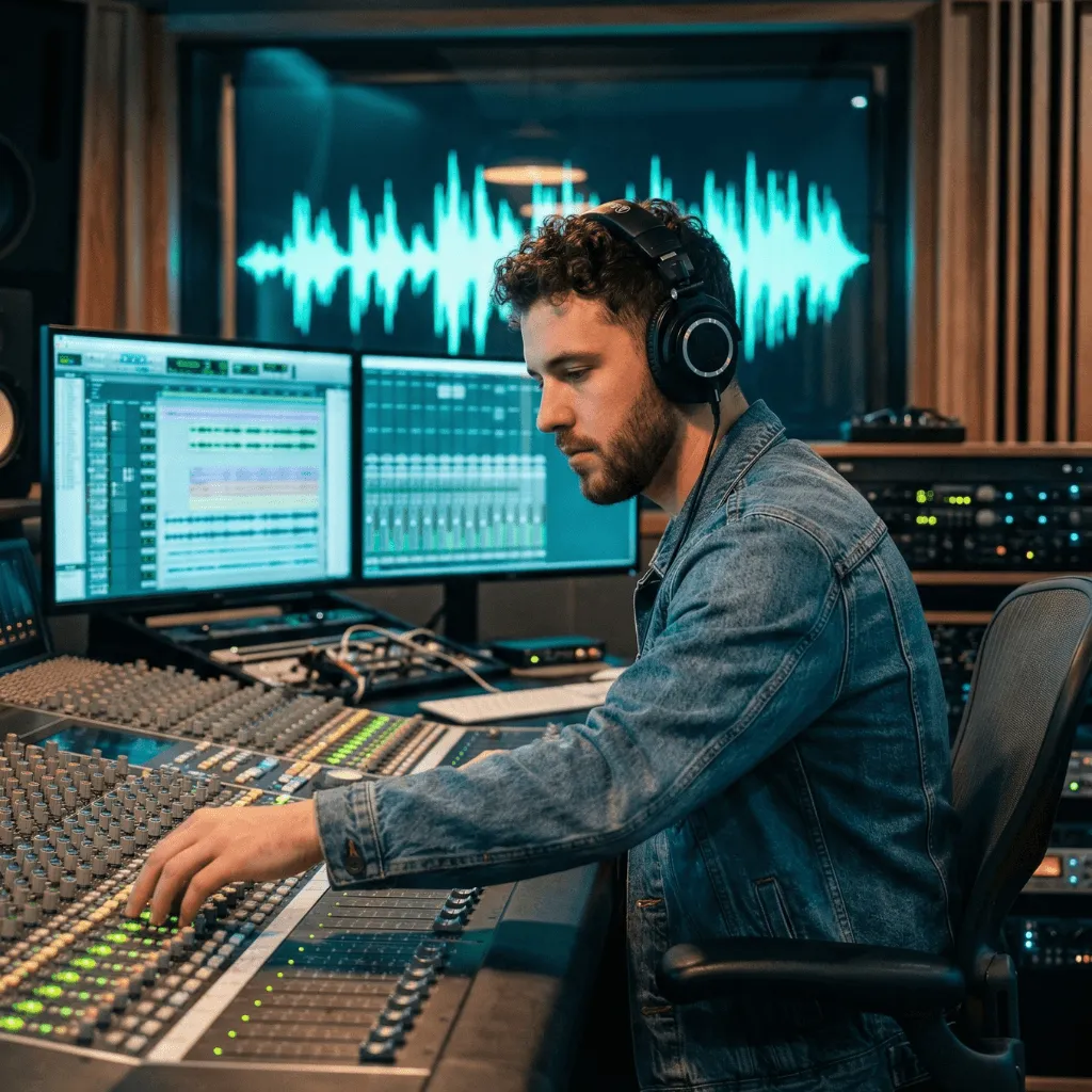 Music producer working at a computer with audio software