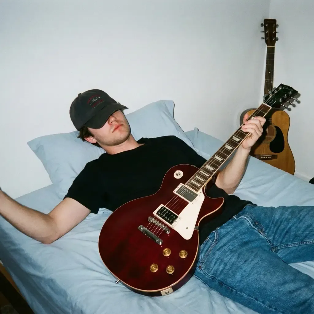 young guy playing his red Gibson guitar on his bed