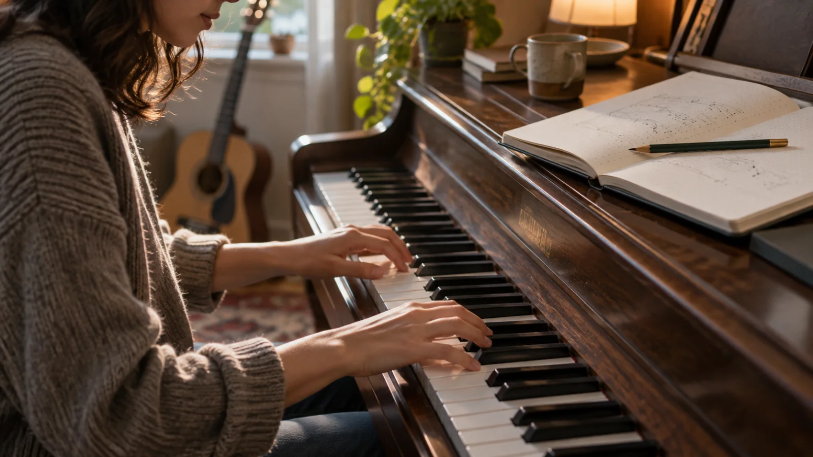 Primer plano de dos manos sobre un piano que pulsan dos teclas separadas por unas pocas notas, junto a un lápiz y una libreta abierta con pequeños arcos dibujados entre puntos