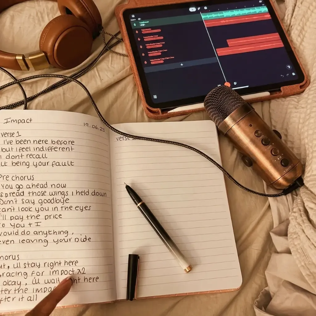 Lyric writing app with built-in notepad, tablet view, and mic