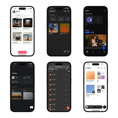 Mobile app screens showing music interface and features