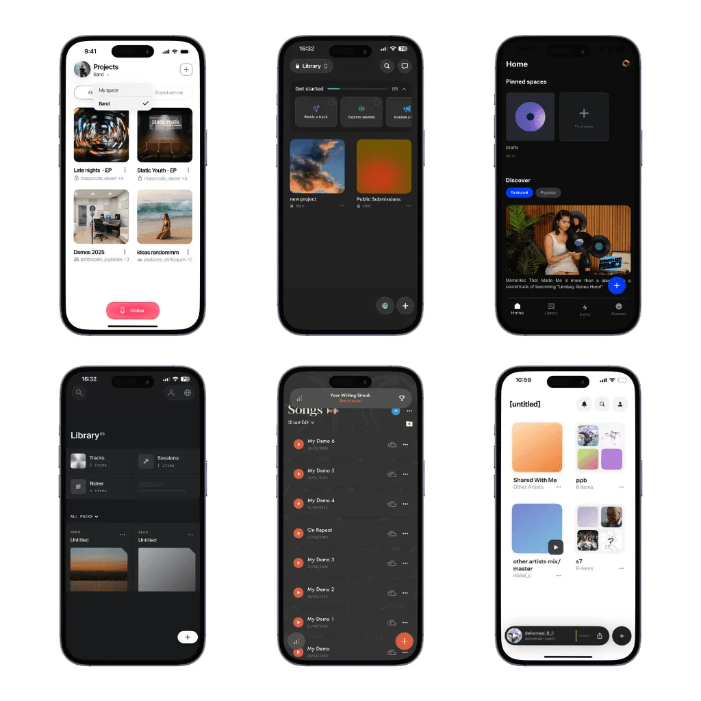 Mobile app screens showing music interface and features