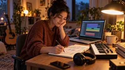 A beginner at a small desk in the evening, with a laptop showing abstract colored track lanes, a compact MIDI keyboard, a pair of closed-back headphones and a notebook with a hand-drawn song map, lit by a warm desk lamp