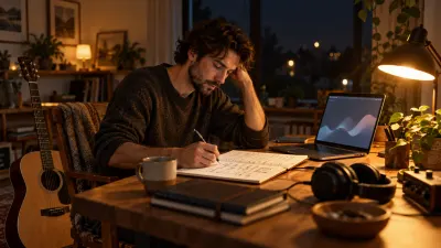 A songwriter at a desk at night with a notebook full of crossed-out lyric lines, a laptop showing soft abstract shapes and an acoustic guitar leaning on the chair, under warm lamp light