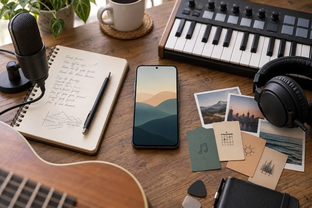 Teléfono Android con varias herramientas de composición abiertas junto a auriculares y libreta
