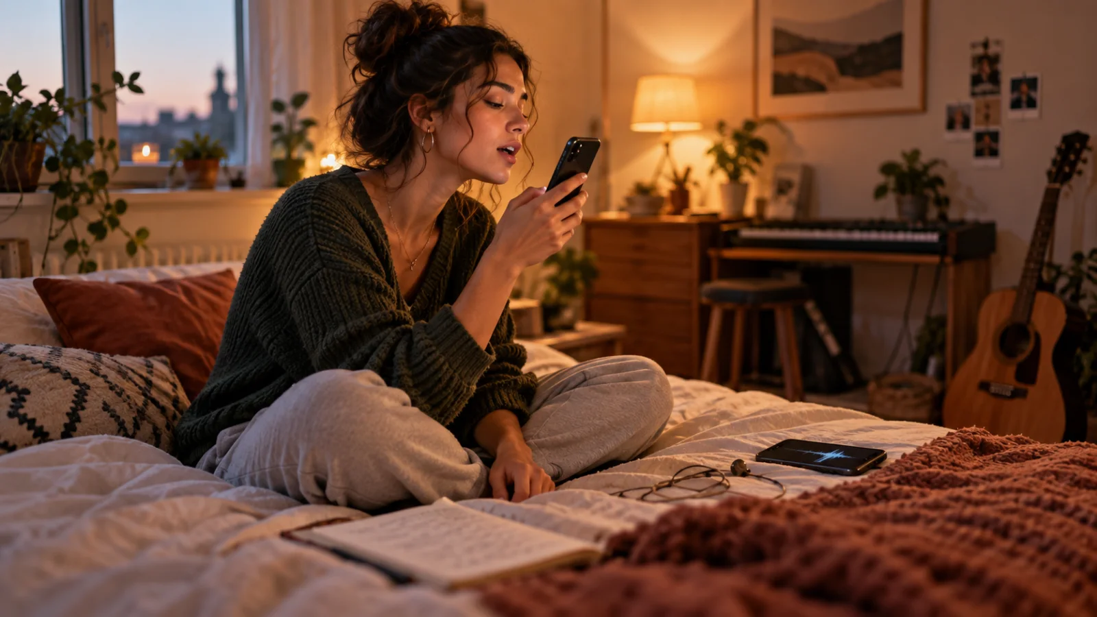 Una cantante sostiene el móvil a la altura de la boca para grabar una idea de voz en un dormitorio pequeño; sobre la cama hay un segundo móvil, unos auriculares con cable y una libreta con líneas ilegibles, bajo la luz cálida de una lámpara al atardecer