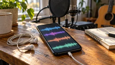 Close-up of a phone on a small desk showing several stacked abstract waveform lanes, with wired earphones beside it and a microphone with a pop filter slightly out of focus, in daylight