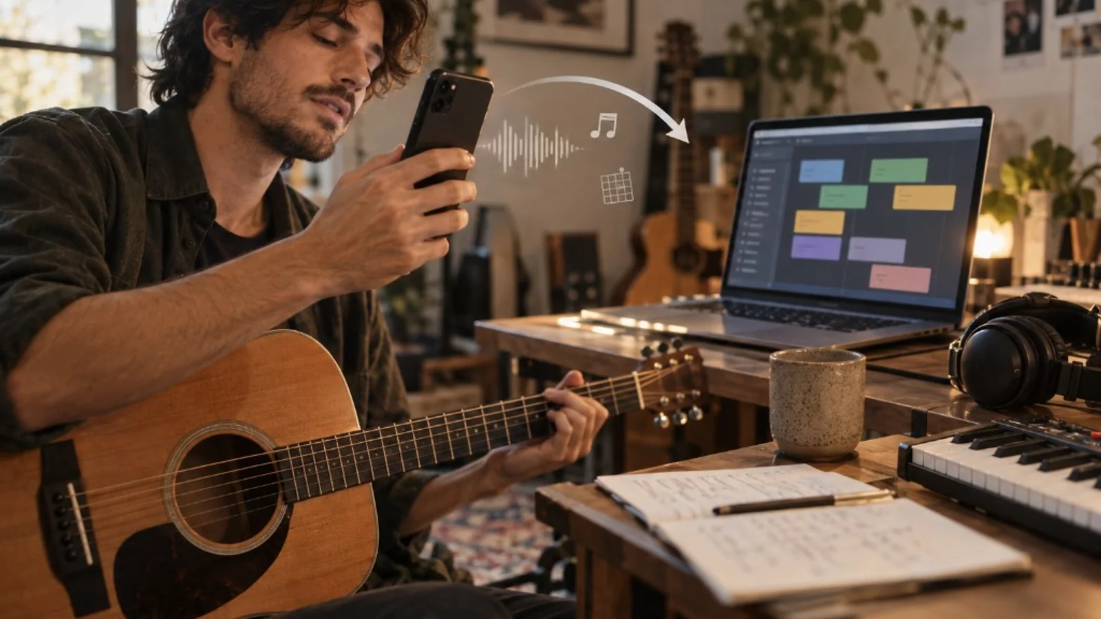 Músico comparando formas de grabar y organizar ideas musicales con móvil y ordenador