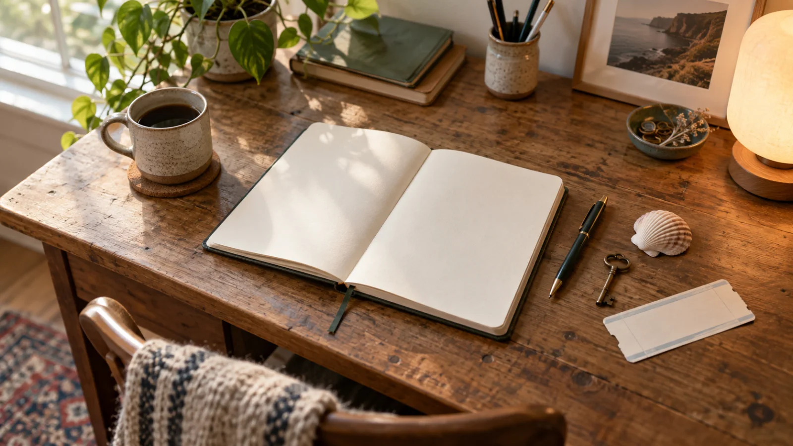 Vista dall’alto di una scrivania di legno con un quaderno aperto, una chiave d’ottone, una conchiglia e un biglietto del treno di carta ancora bianco, disposti come spunti di scrittura nella luce morbida del giorno