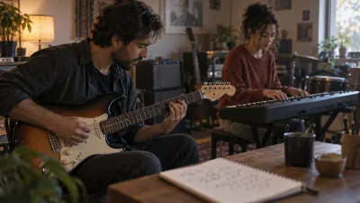 A guitarist and a keyboard player try out a riff together in a rehearsal room, with an open notebook between them showing a hand-drawn scale diagram