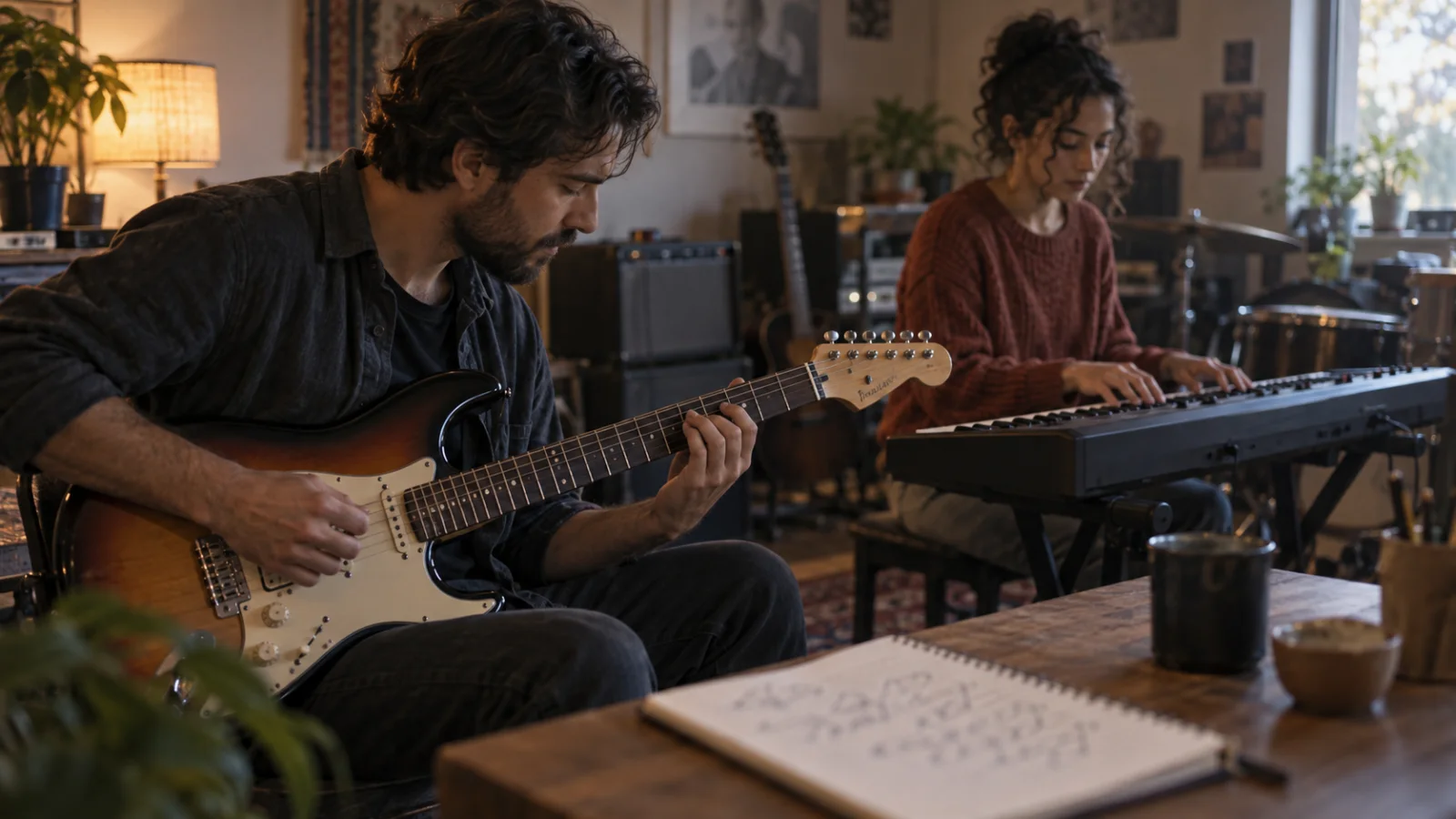 Un guitarrista y una teclista prueban juntos un riff en una sala de ensayo, con una libreta abierta entre los dos donde hay un diagrama de escala dibujado a mano