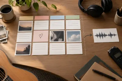 Song database in Notion beside audio waveforms and songwriting notes