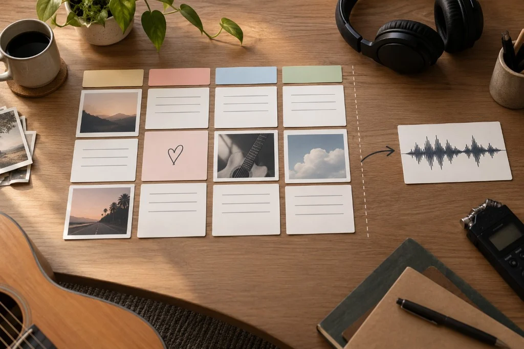 Base de datos de canciones en Notion junto a formas de onda y notas musicales