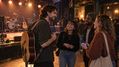 A singer-songwriter by the stage of a small club after a gig, talking with a few fans and holding a phone with abstract shapes on the screen, warm stage lights softly blurred behind them