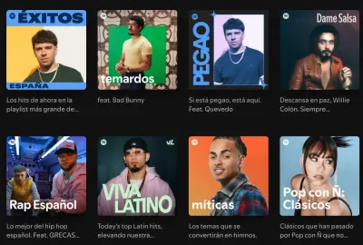 Grid of Spotify playlists featuring hits, rap, pop, and Latin music