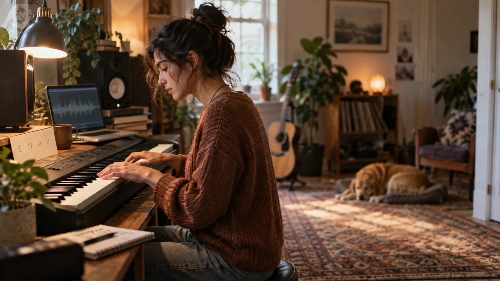 Un musicista suona accordi su una tastiera alla scrivania, sotto la luce calda di una lampada, con un cartoncino scritto a mano accanto ai tasti
