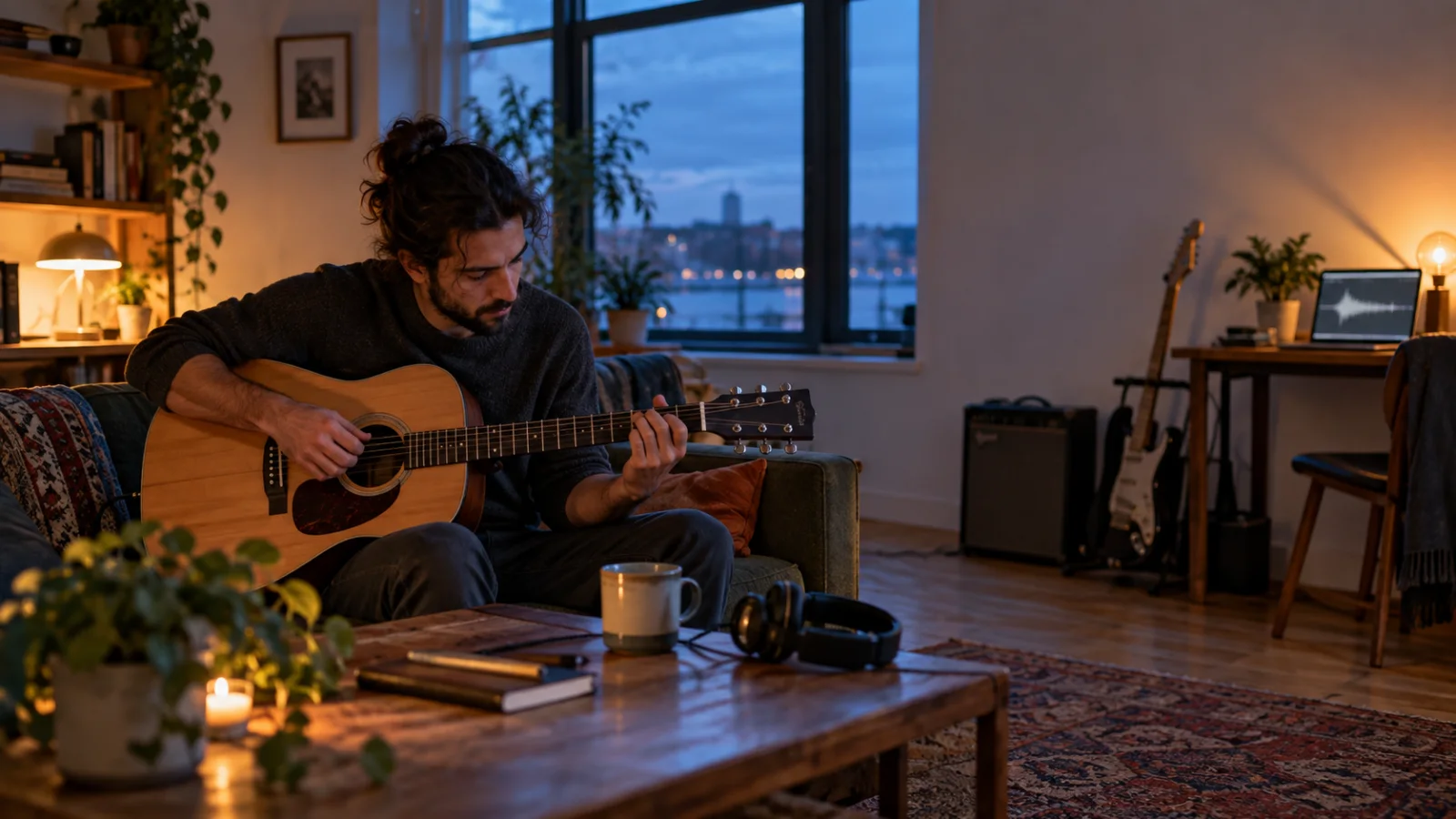 Guitarrista solo en un sofá con la luz azul del anochecer entrando por la ventana, tocando un acorde suave, con una taza de té y unos auriculares al lado