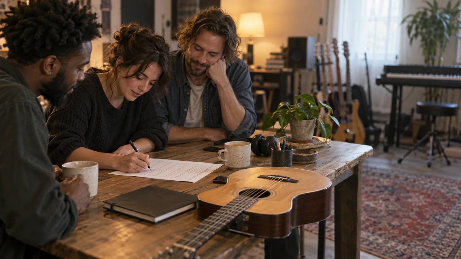 Tres compositores alrededor de una mesa al terminar una sesión; una de ellas rellena un split sheet impreso junto a una guitarra y tazas de café
